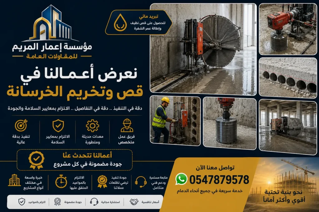 نماذج من أعمال قص وتخريم الخرسانة باستخدام أحدث معدات القص والكور لمؤسسة إعمار المريم للمقاولات العامة