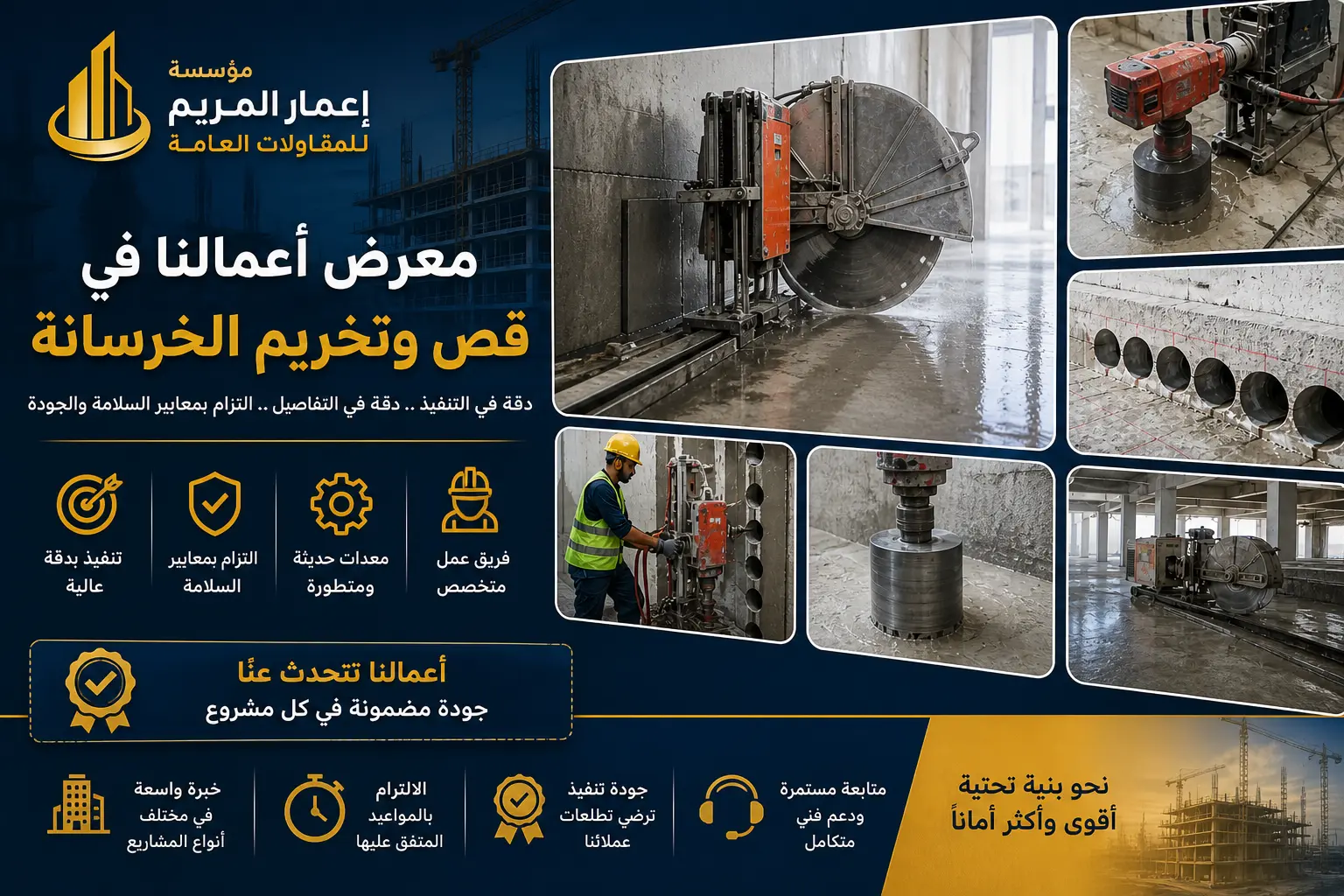 نماذج من أعمال قص وتخريم الخرسانة باستخدام أحدث معدات القص والكور لمؤسسة إعمار المريم للمقاولات العامة