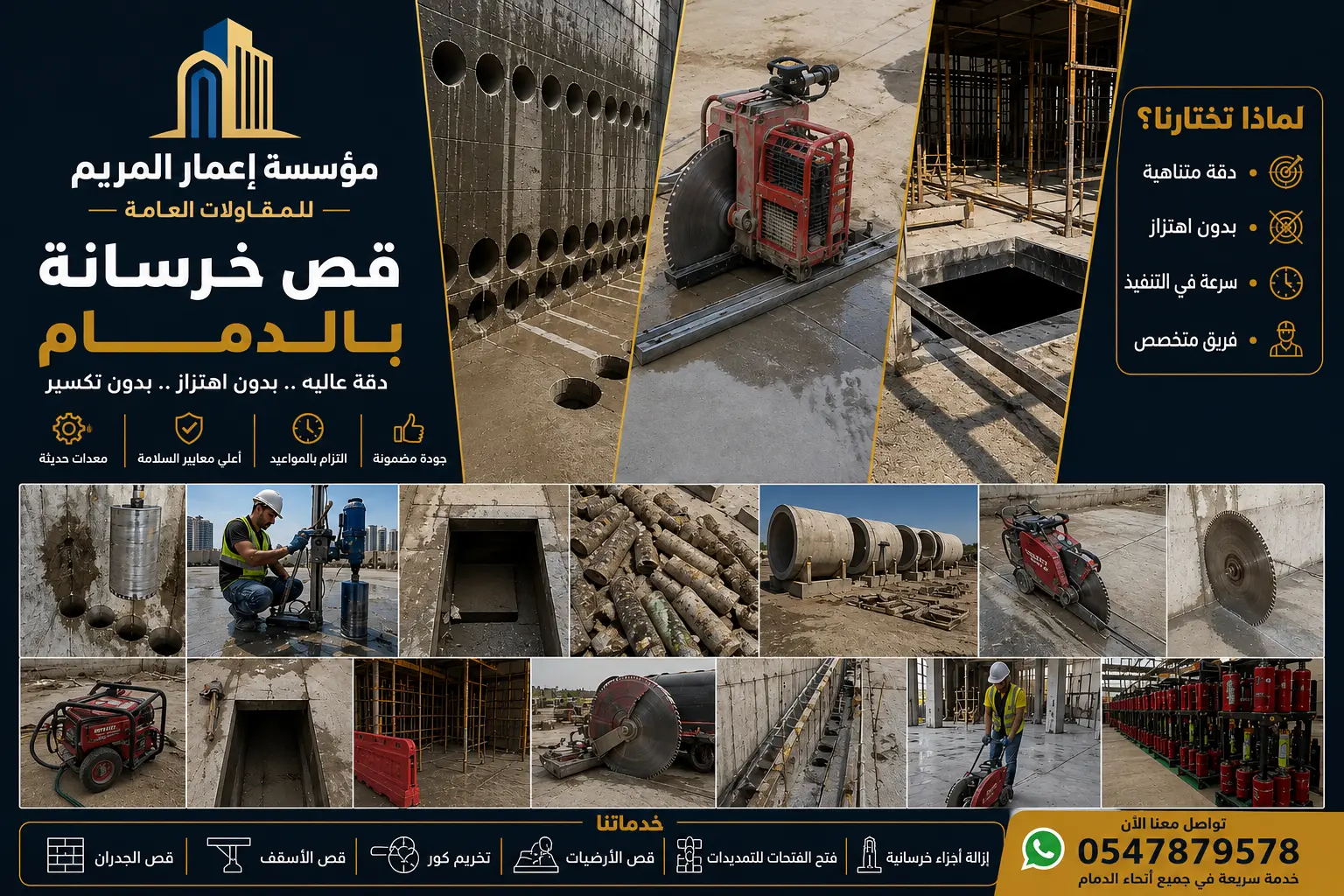 أعمال قص الجدران والأرضيات وفتح الفتحات الخرسانية بدقة عالية وبمعدات حديثة