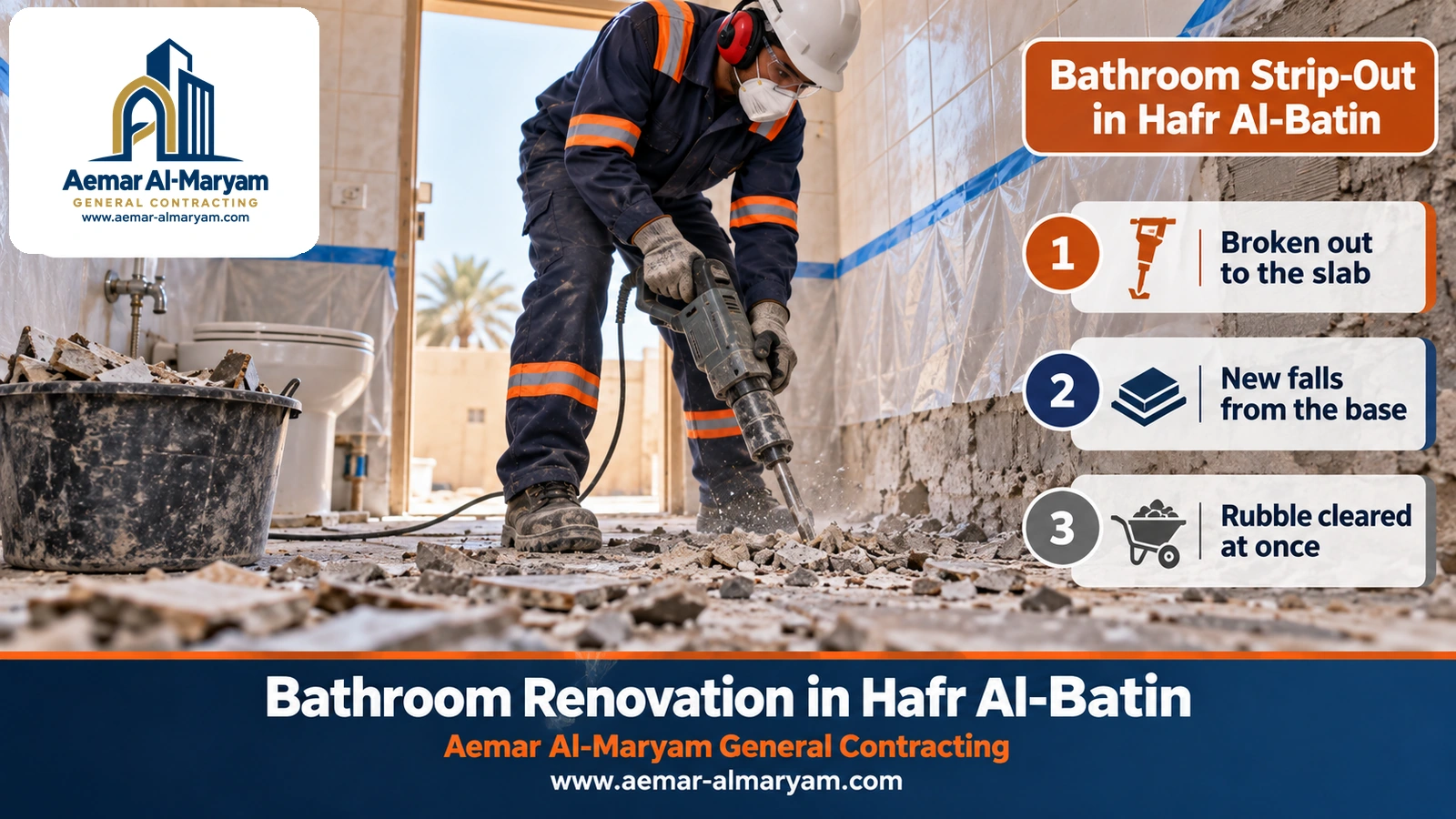 Bathroom strip-out in Hafr Al-Batin down to the concrete slab so the falls can be rebuilt