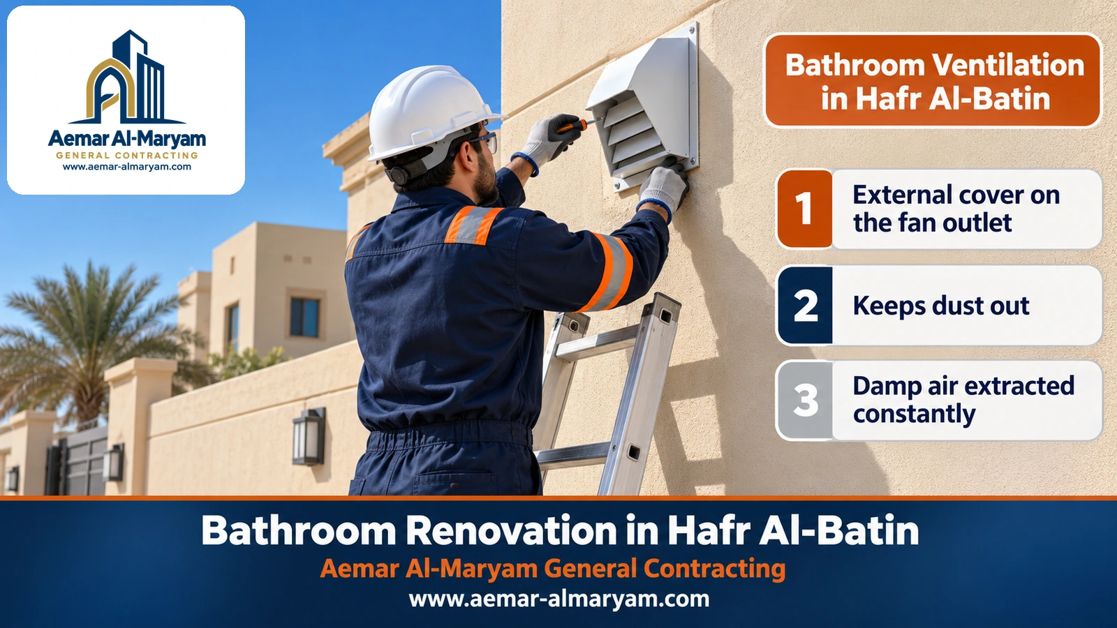 Bathroom ventilation in Hafr Al-Batin with an external vent cowl over the fan duct outlet