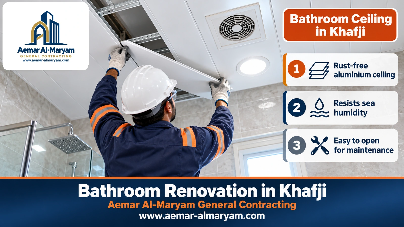Bathroom ceiling in Khafji made of aluminium strip panels on suspended carriers