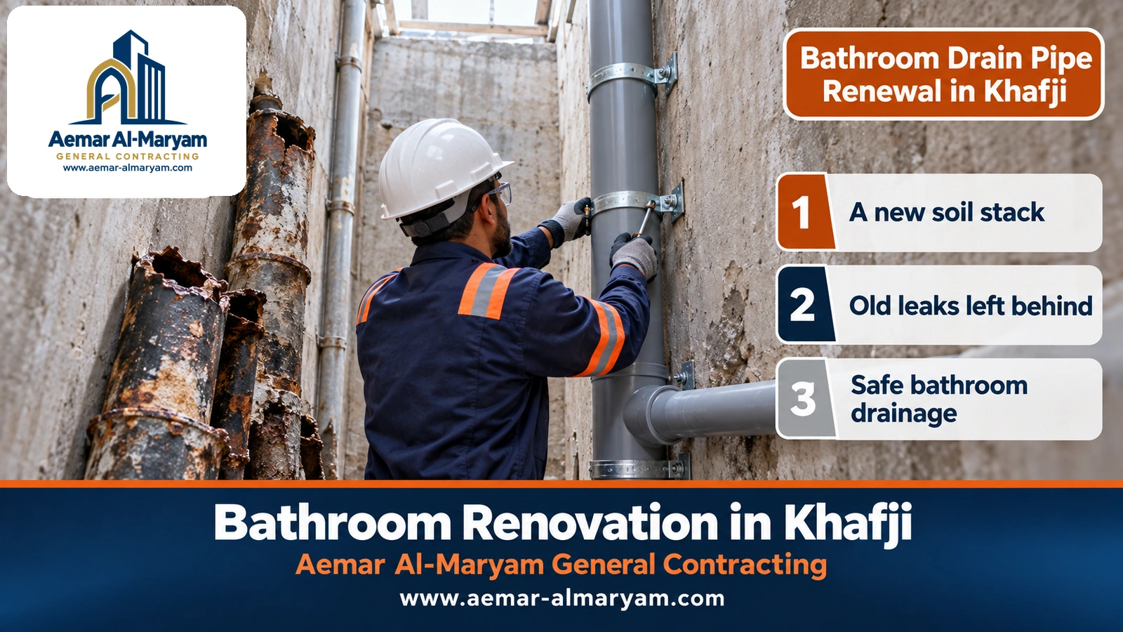 Bathroom drain pipe renewal in Khafji: a new soil stack in a building shaft