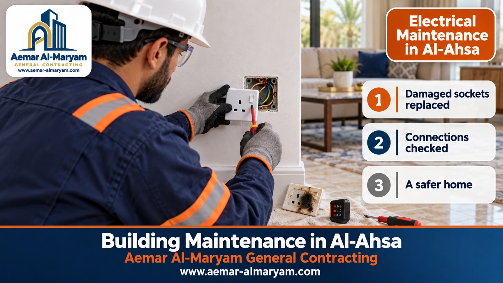 Electrician replacing a heat-discoloured wall socket in a house in Mubarraz