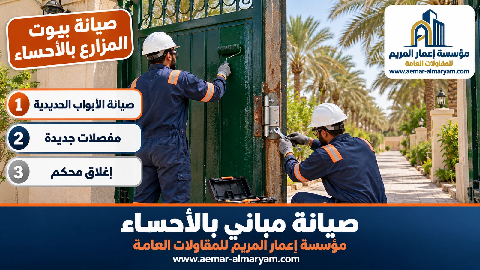 استبدال مفصلات باب حديدي لبيت مزرعة في الأحساء وإعادة دهانه