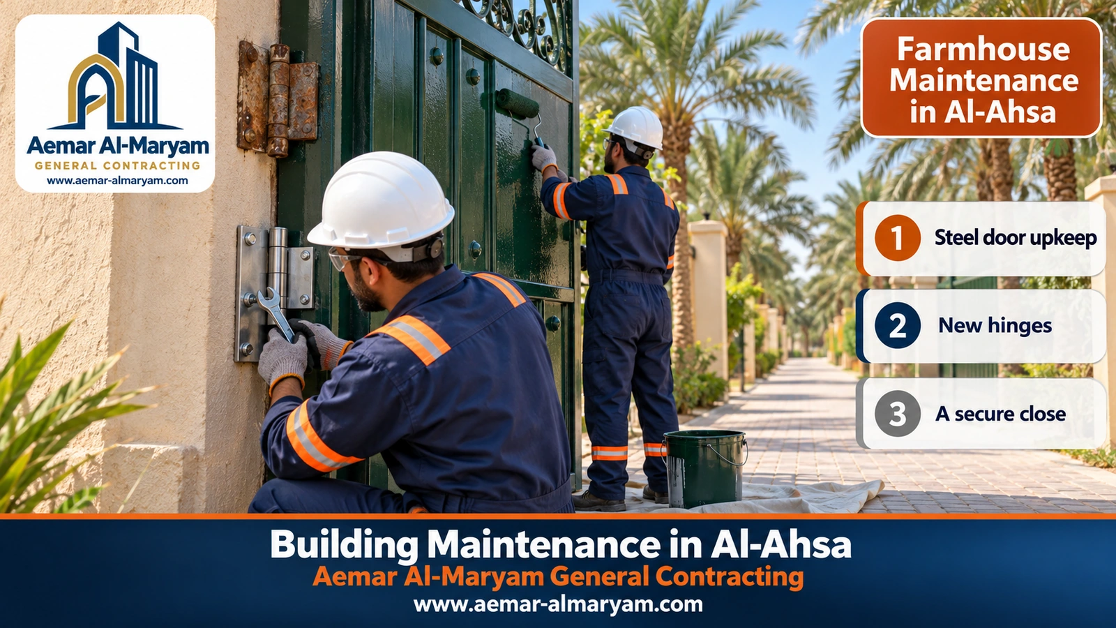 Replacing the hinges of a farmhouse steel door in Al-Ahsa and repainting it