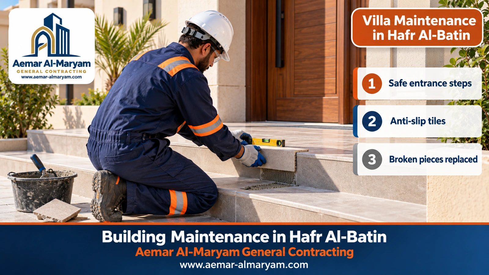 Setting a new anti-slip tile on the entrance steps of a villa in Hafr Al-Batin