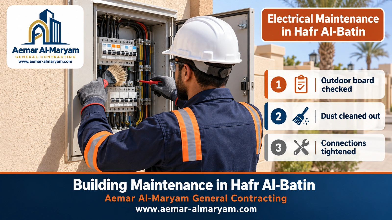 Electrician clearing dust inside an outdoor electrical cabinet of a villa in Hafr Al-Batin with the power isolated