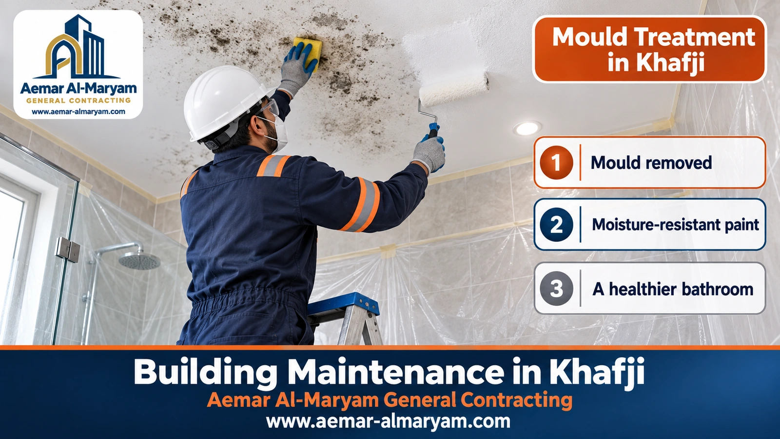 Removing mould from a flat bathroom ceiling in Khafji and repainting it with moisture-resistant paint