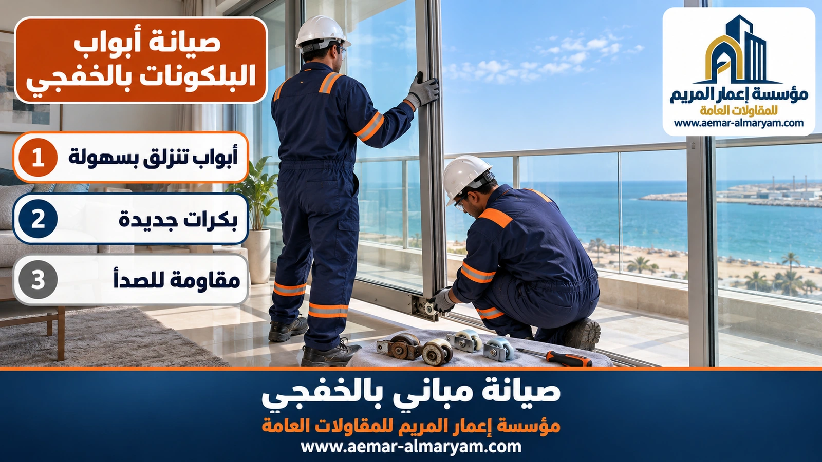 تركيب بكرات جديدة لباب بلكونة ألمنيوم منزلق في شقة مطلة على البحر بالخفجي