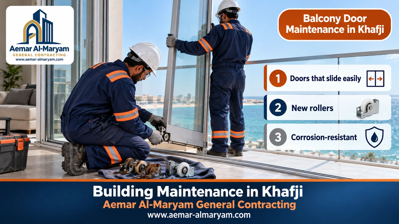 Fitting new rollers to a sliding aluminium balcony door in a sea-facing flat in Khafji
