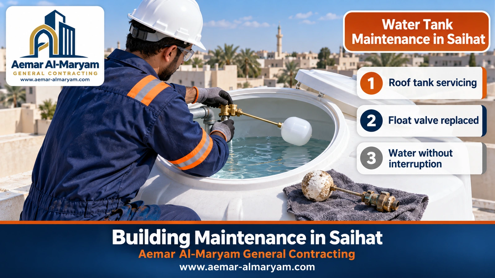 Replacing a rooftop tank float valve in Saihat