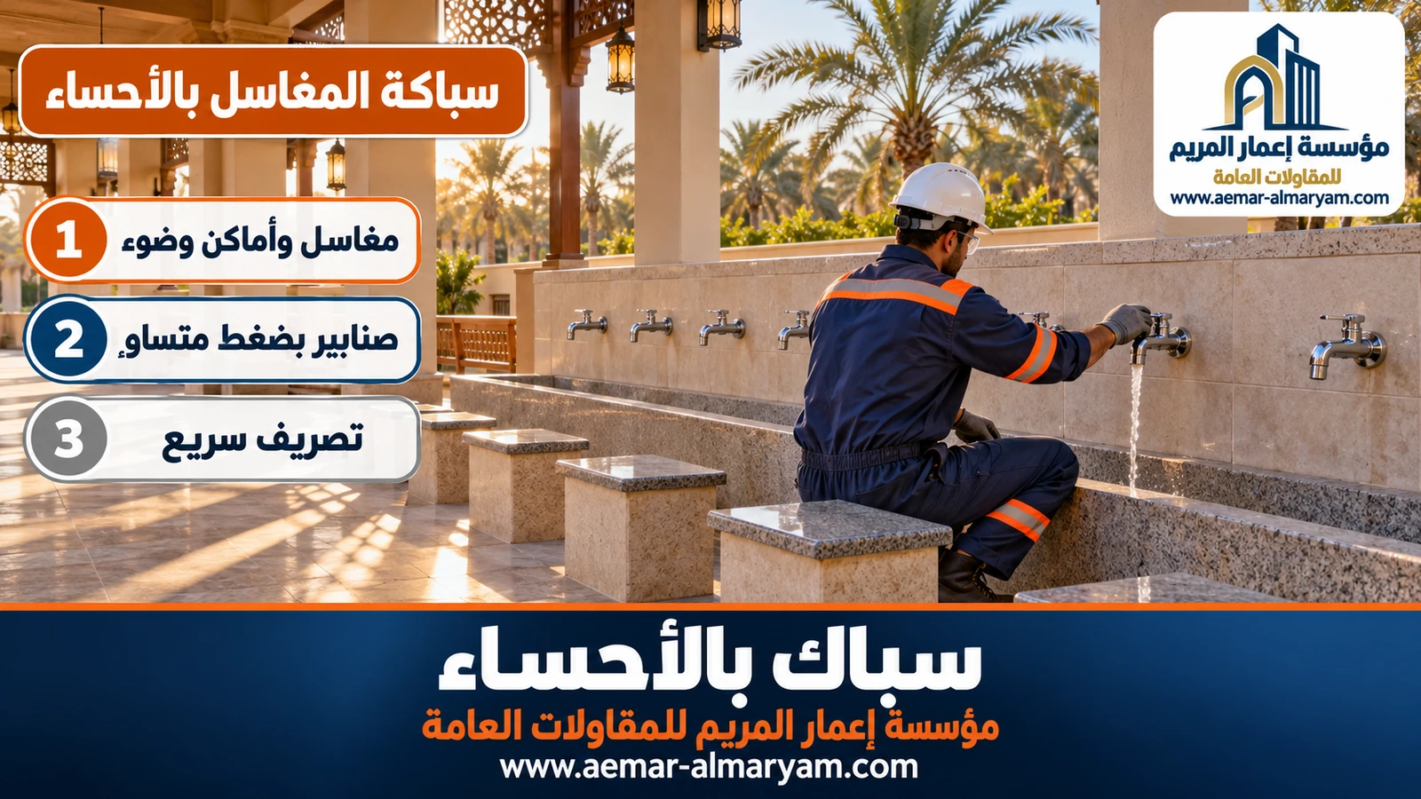 سباك بالاحساء يركب صف صنابير الوضوء في استراحة بالمبرز
