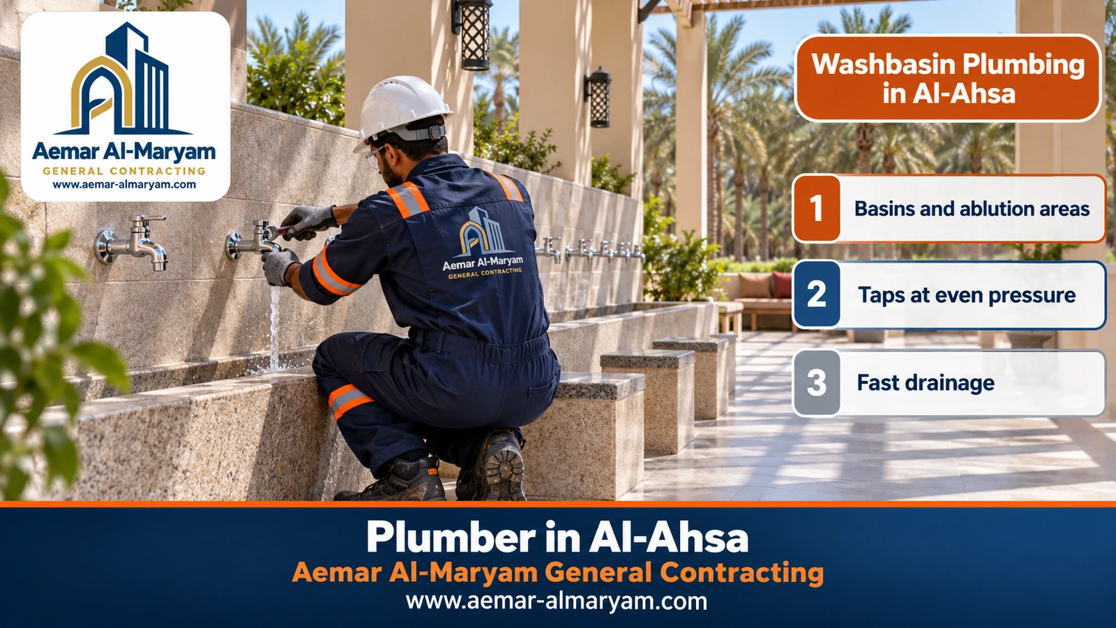 Plumber in Al-Ahsa fitting a row of ablution taps at a rest house in Mubarraz