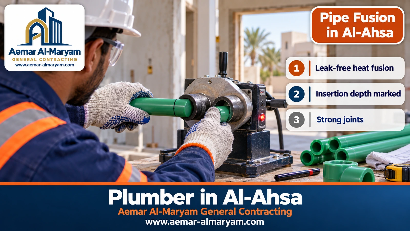 Heat-fusion welding of PPR pipe during plumbing rough-in in Al-Ahsa