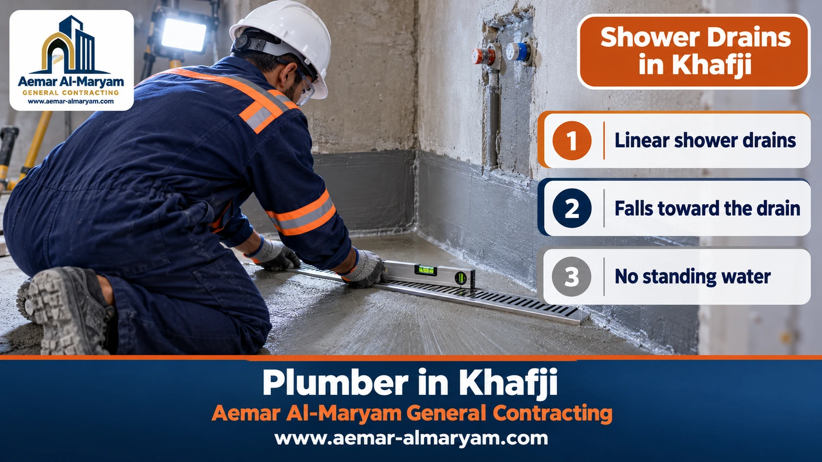 Bathroom plumbing in Khafji: setting a linear drain in the shower area