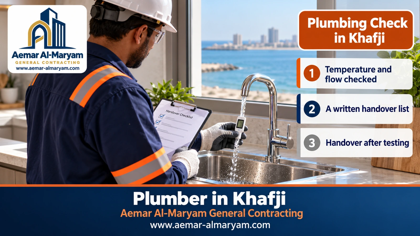 Checking hot-water temperature at handover of a flat in Khafji