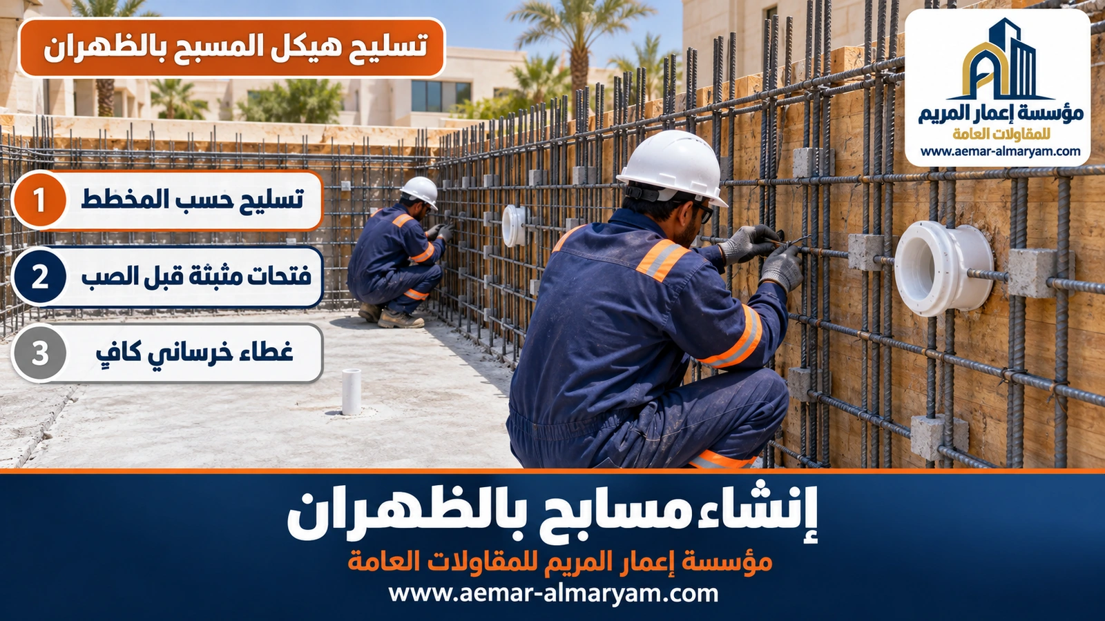 تسليح جدار مسبح وتثبيت فتحات السكيمر بالظهران