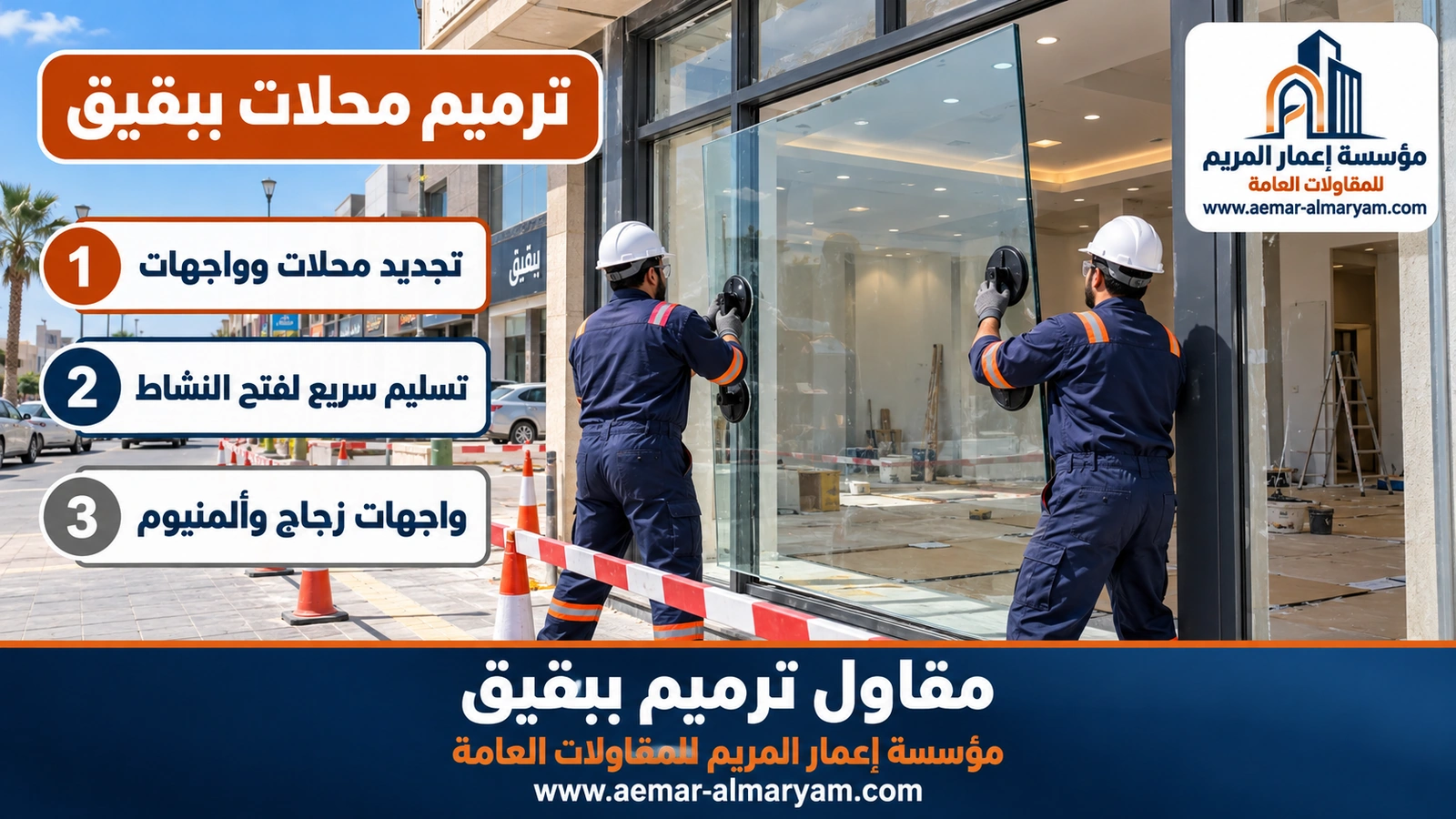 فنيان يركّبان لوح زجاج كبيرًا بمقابض شفط في إطار واجهة ألمنيوم رمادي داكن لمحل صغير في شارع تجاري ببقيق