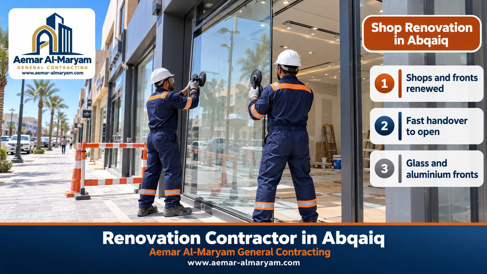 Two technicians lifting a large glass pane with suction lifters into a new dark-grey aluminium shopfront frame on a shopping street in Abqaiq