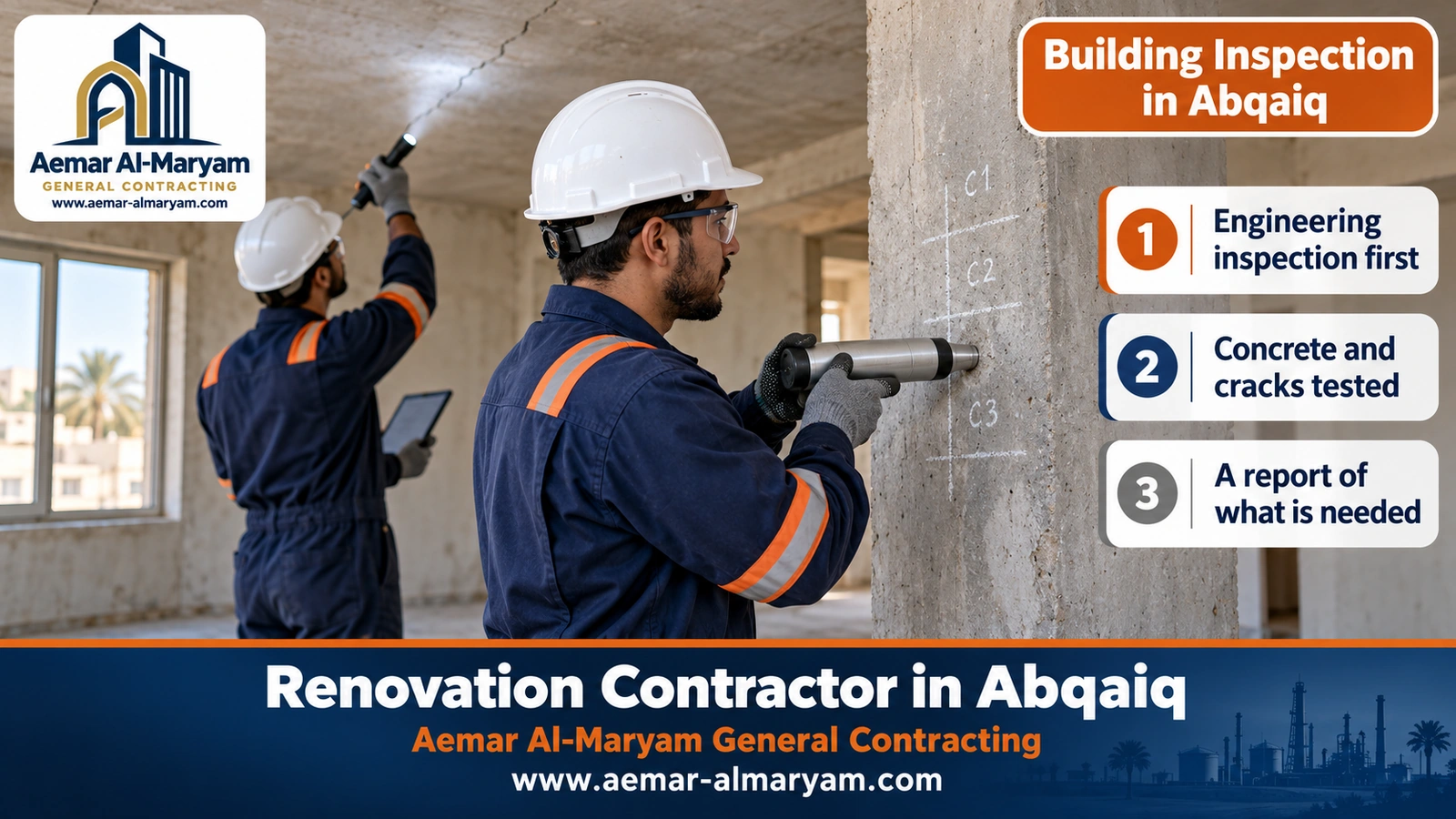 Inspector pressing a rebound hammer against a concrete column while a colleague shines a torch at a ceiling crack in an Abqaiq house
