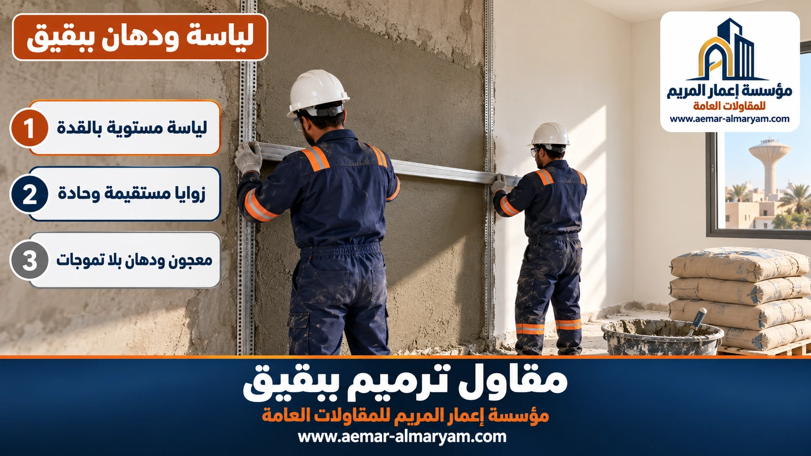 فنيان يسحبان قدة ألمنيوم طويلة على لياسة أسمنتية طرية بين زوايا معدنية في غرفة بمنزل ببقيق