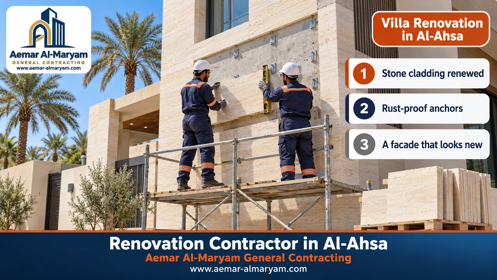 Technicians fixing light cream natural stone panels with stainless-steel anchors to a concrete villa facade in Mubarraz