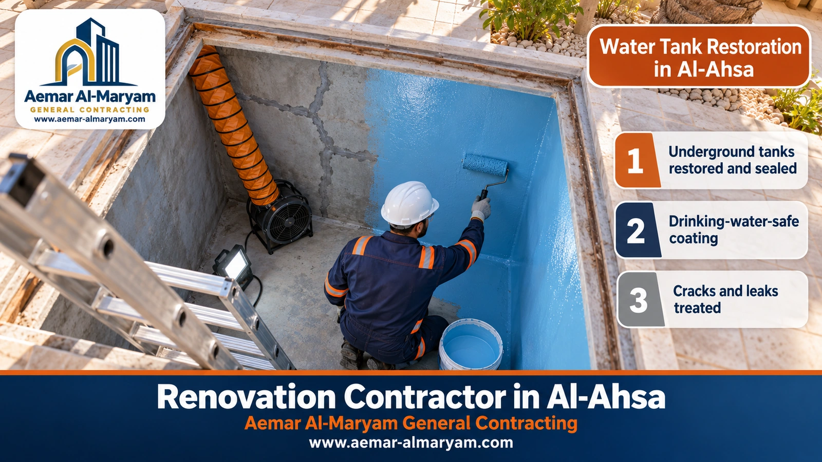 Technician inside an underground concrete water tank in an Al-Ahsa courtyard rolling a light-blue epoxy coating onto the walls