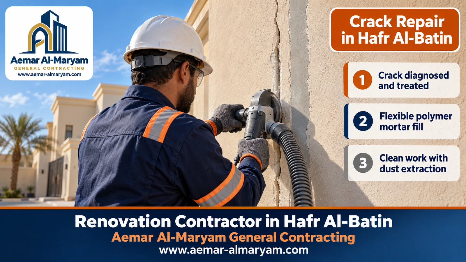 Crack repair on an exterior villa wall in Hafr Al-Batin