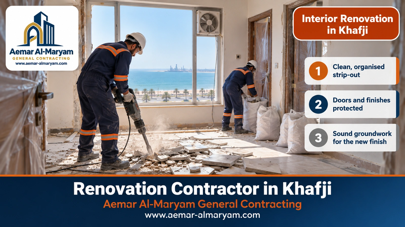 Old tile removal during a flat renovation in Khafji